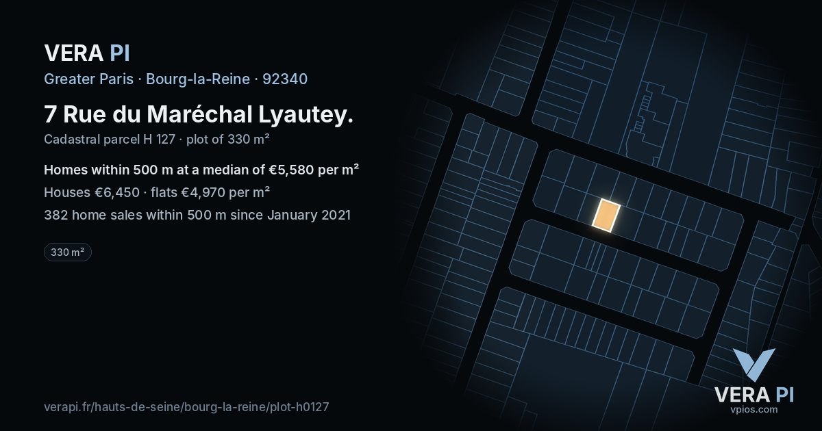 7 Rue du Maréchal Lyautey, Bourg-la-Reine at night – the plot lit, the parcels around coloured by the prices near them