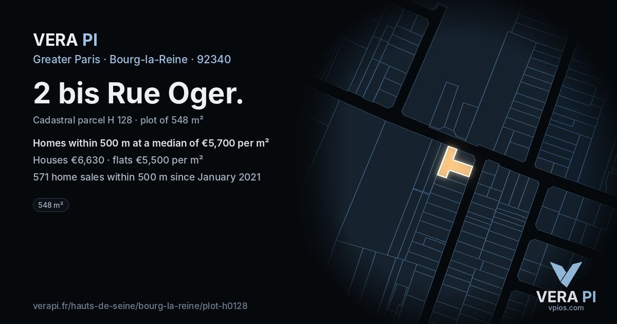 2 bis Rue Oger, Bourg-la-Reine at night – the plot lit, the parcels around coloured by the prices near them