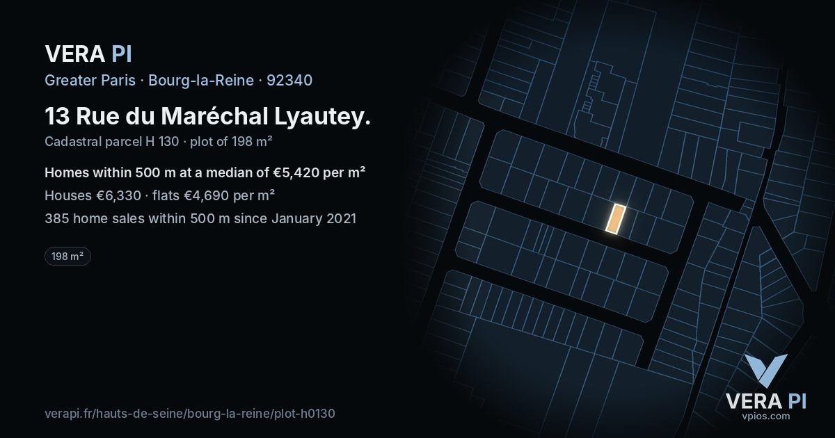13 Rue du Maréchal Lyautey, Bourg-la-Reine at night – the plot lit, the parcels around coloured by the prices near them