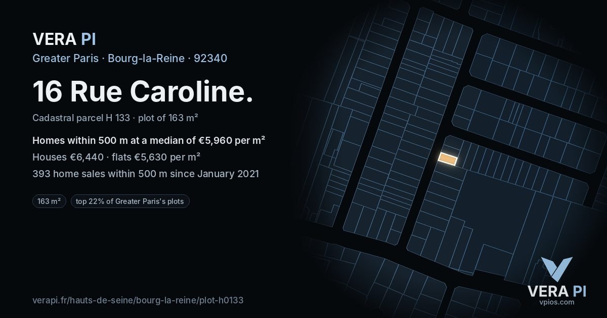 16 Rue Caroline, Bourg-la-Reine at night – the plot lit, the parcels around coloured by the prices near them