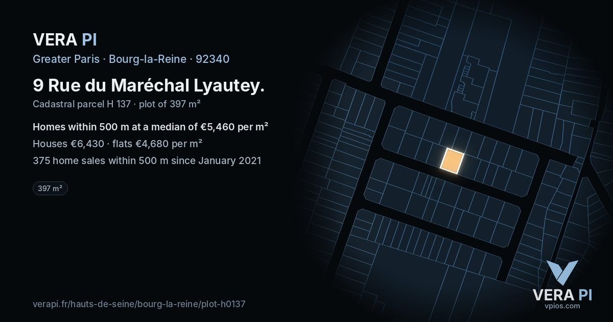 9 Rue du Maréchal Lyautey, Bourg-la-Reine at night – the plot lit, the parcels around coloured by the prices near them