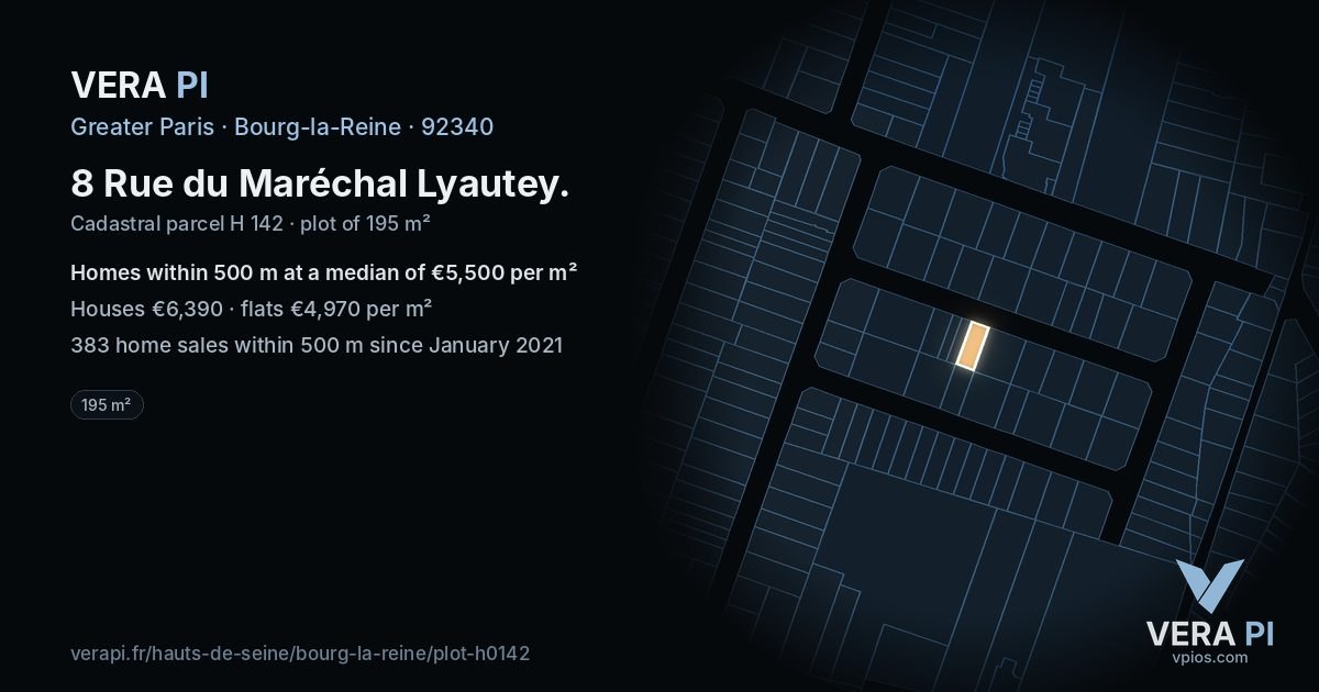 8 Rue du Maréchal Lyautey, Bourg-la-Reine at night – the plot lit, the parcels around coloured by the prices near them