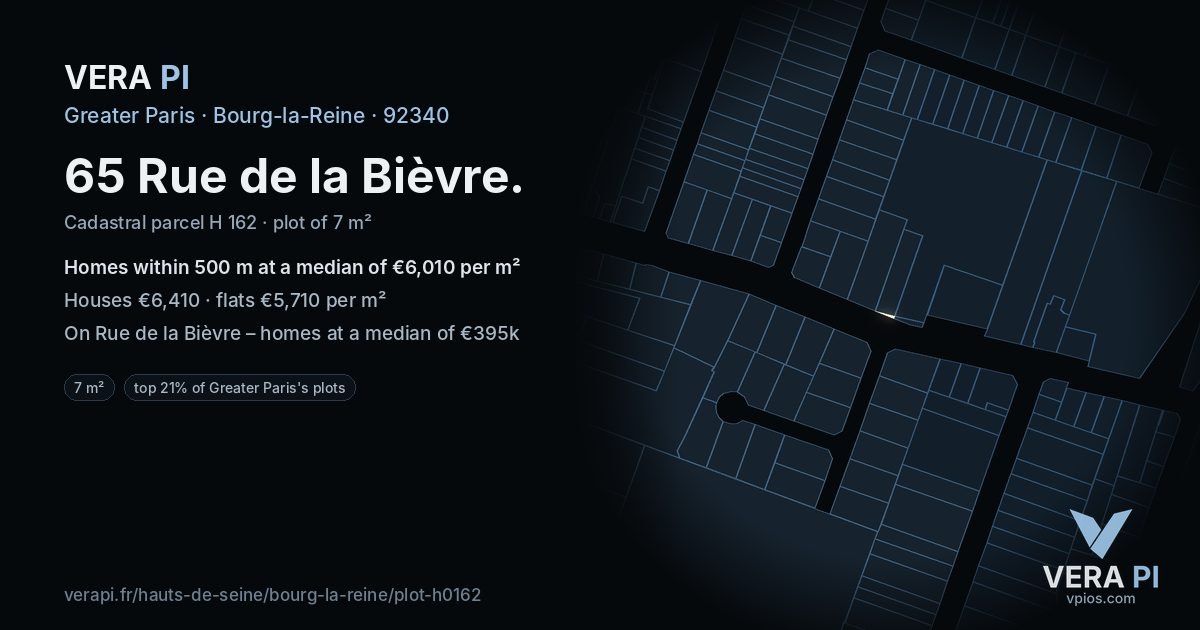65 Rue de la Bièvre, Bourg-la-Reine at night – the plot lit, the parcels around coloured by the prices near them