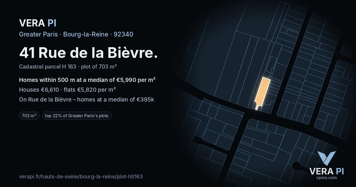 41 Rue de la Bièvre, Bourg-la-Reine at night – the plot lit, the parcels around coloured by the prices near them