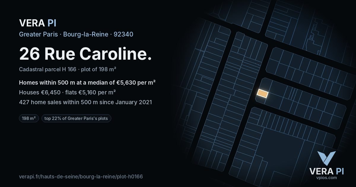 26 Rue Caroline, Bourg-la-Reine at night – the plot lit, the parcels around coloured by the prices near them