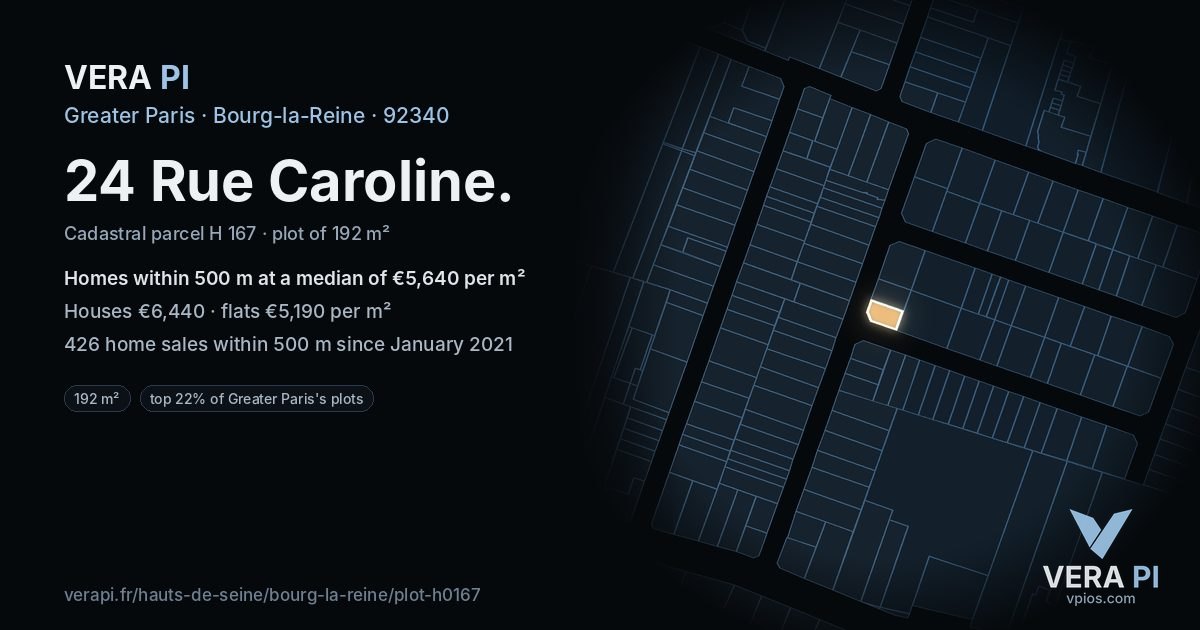 24 Rue Caroline, Bourg-la-Reine at night – the plot lit, the parcels around coloured by the prices near them