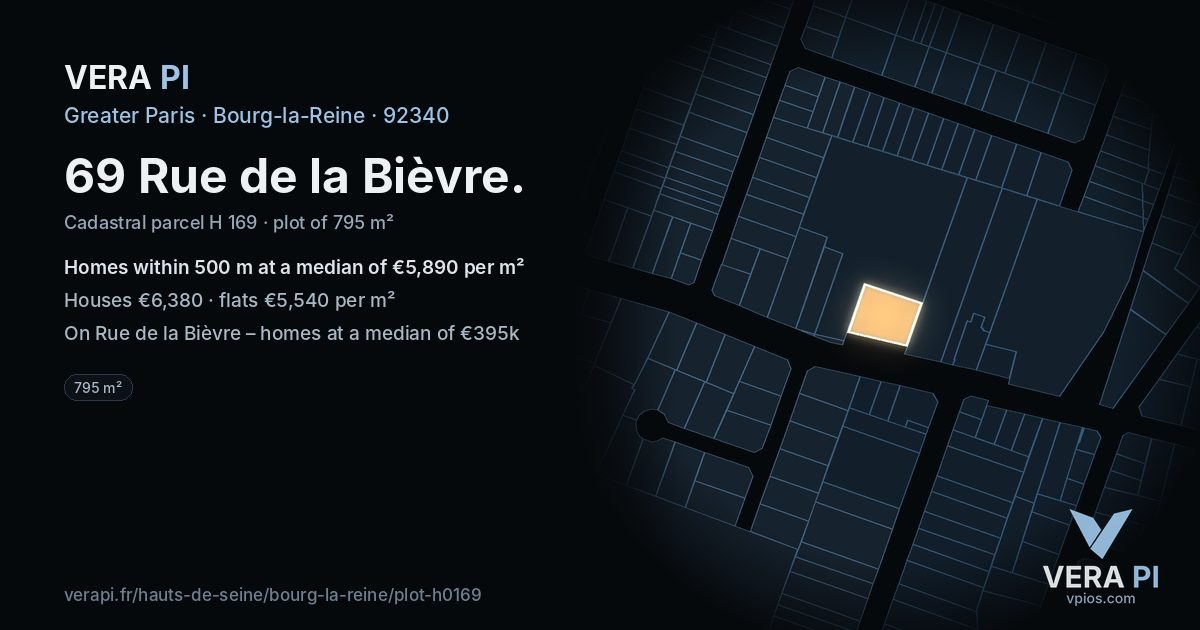69 Rue de la Bièvre, Bourg-la-Reine at night – the plot lit, the parcels around coloured by the prices near them