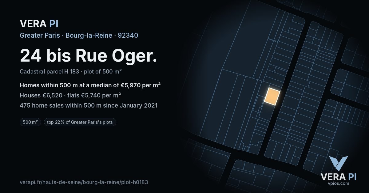 24 bis Rue Oger, Bourg-la-Reine at night – the plot lit, the parcels around coloured by the prices near them