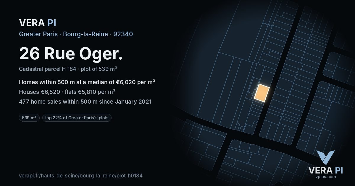 26 Rue Oger, Bourg-la-Reine at night – the plot lit, the parcels around coloured by the prices near them