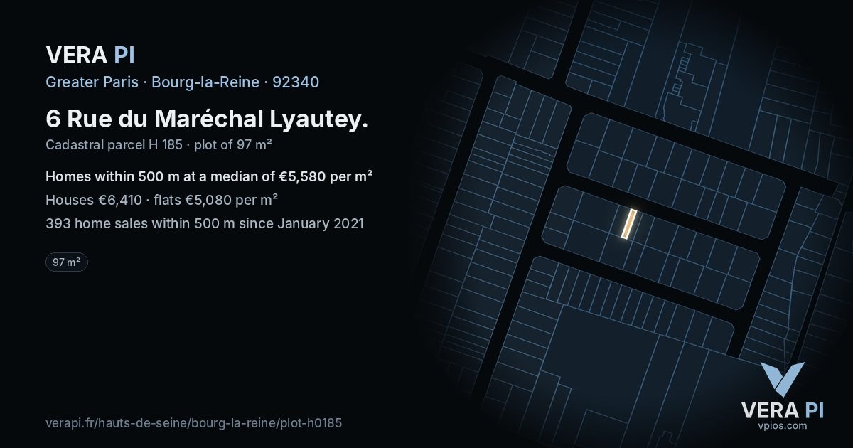 6 Rue du Maréchal Lyautey, Bourg-la-Reine at night – the plot lit, the parcels around coloured by the prices near them
