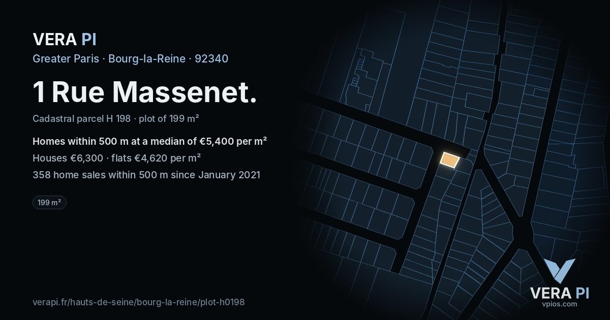 1 Rue Massenet, Bourg-la-Reine at night – the plot lit, the parcels around coloured by the prices near them
