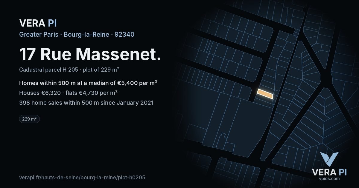 17 Rue Massenet, Bourg-la-Reine at night – the plot lit, the parcels around coloured by the prices near them