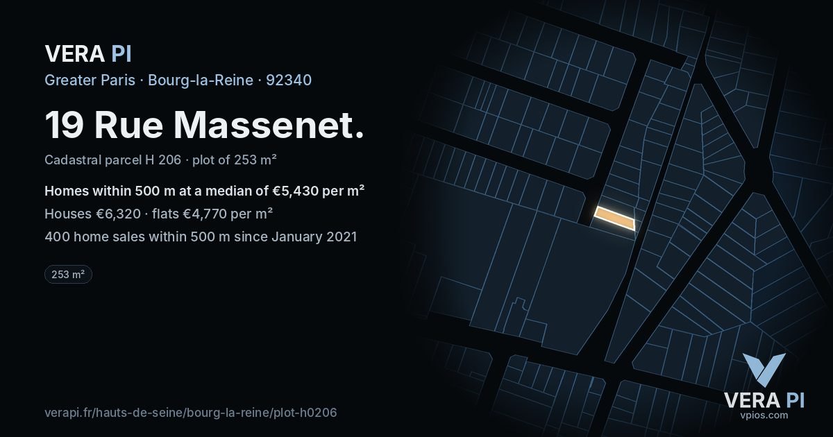 19 Rue Massenet, Bourg-la-Reine at night – the plot lit, the parcels around coloured by the prices near them