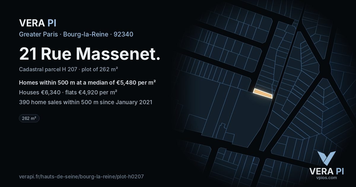 21 Rue Massenet, Bourg-la-Reine at night – the plot lit, the parcels around coloured by the prices near them