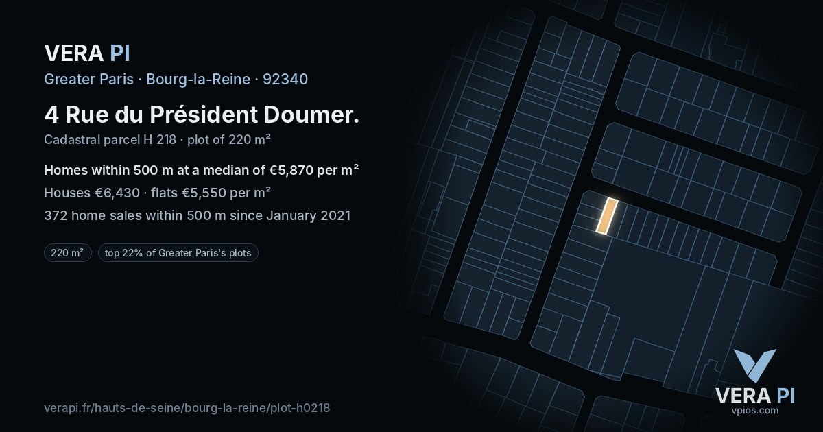 4 Rue du Président Doumer, Bourg-la-Reine at night – the plot lit, the parcels around coloured by the prices near them
