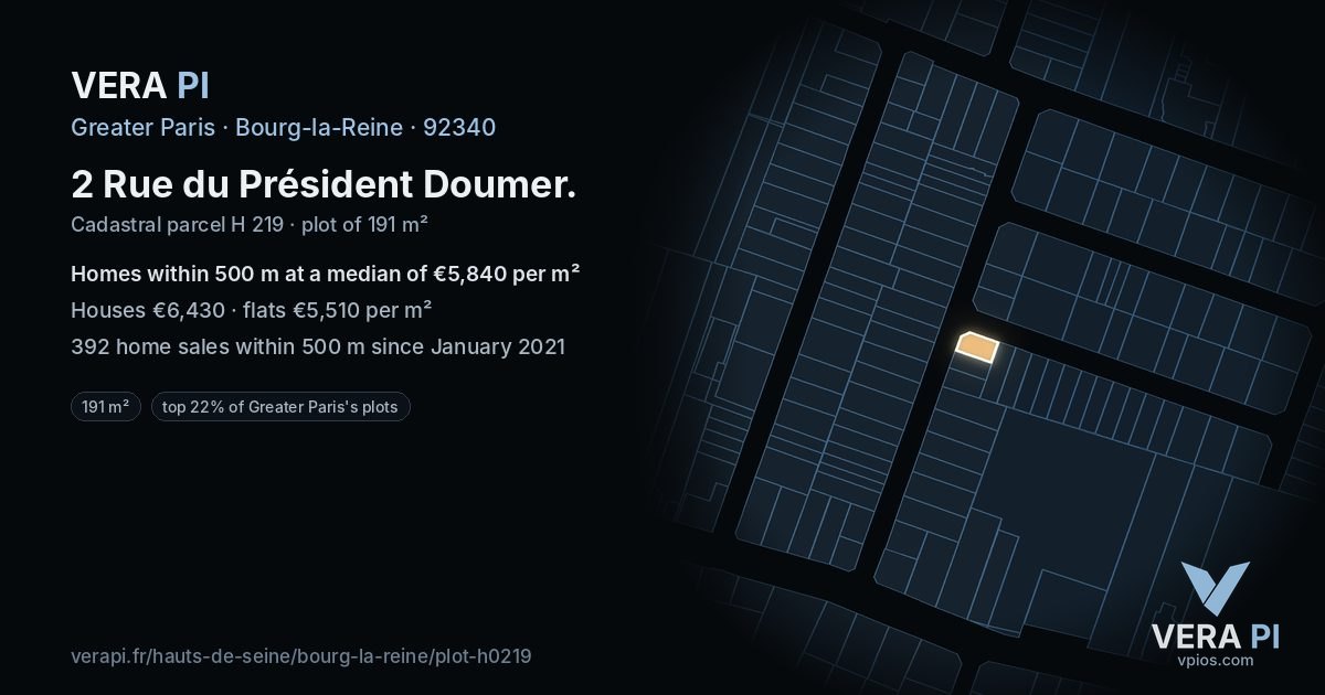 2 Rue du Président Doumer, Bourg-la-Reine at night – the plot lit, the parcels around coloured by the prices near them