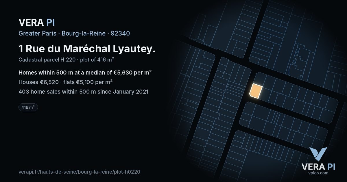 1 Rue du Maréchal Lyautey, Bourg-la-Reine at night – the plot lit, the parcels around coloured by the prices near them