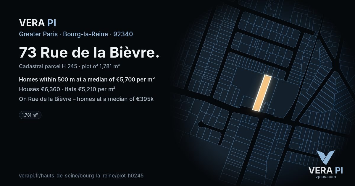 73 Rue de la Bièvre, Bourg-la-Reine at night – the plot lit, the parcels around coloured by the prices near them