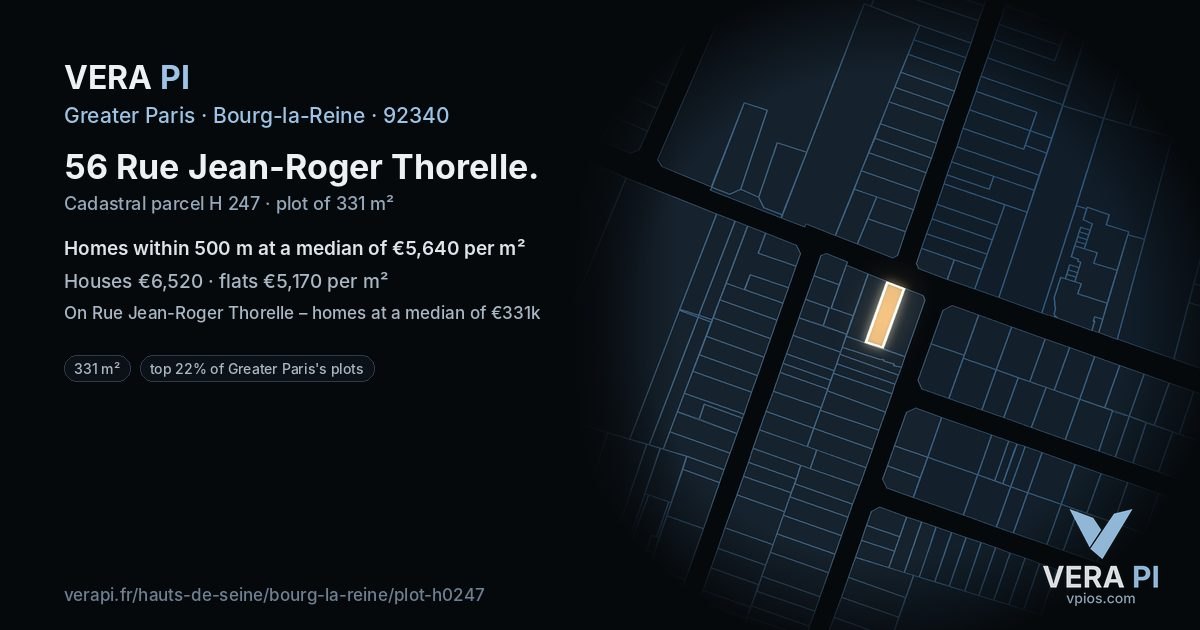 56 Rue Jean-Roger Thorelle, Bourg-la-Reine at night – the plot lit, the parcels around coloured by the prices near them