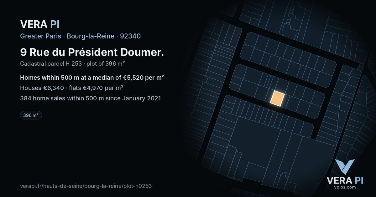 9 Rue du Président Doumer, Bourg-la-Reine at night – the plot lit, the parcels around coloured by the prices near them