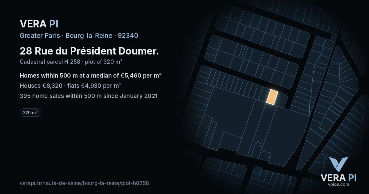 28 Rue du Président Doumer, Bourg-la-Reine at night – the plot lit, the parcels around coloured by the prices near them