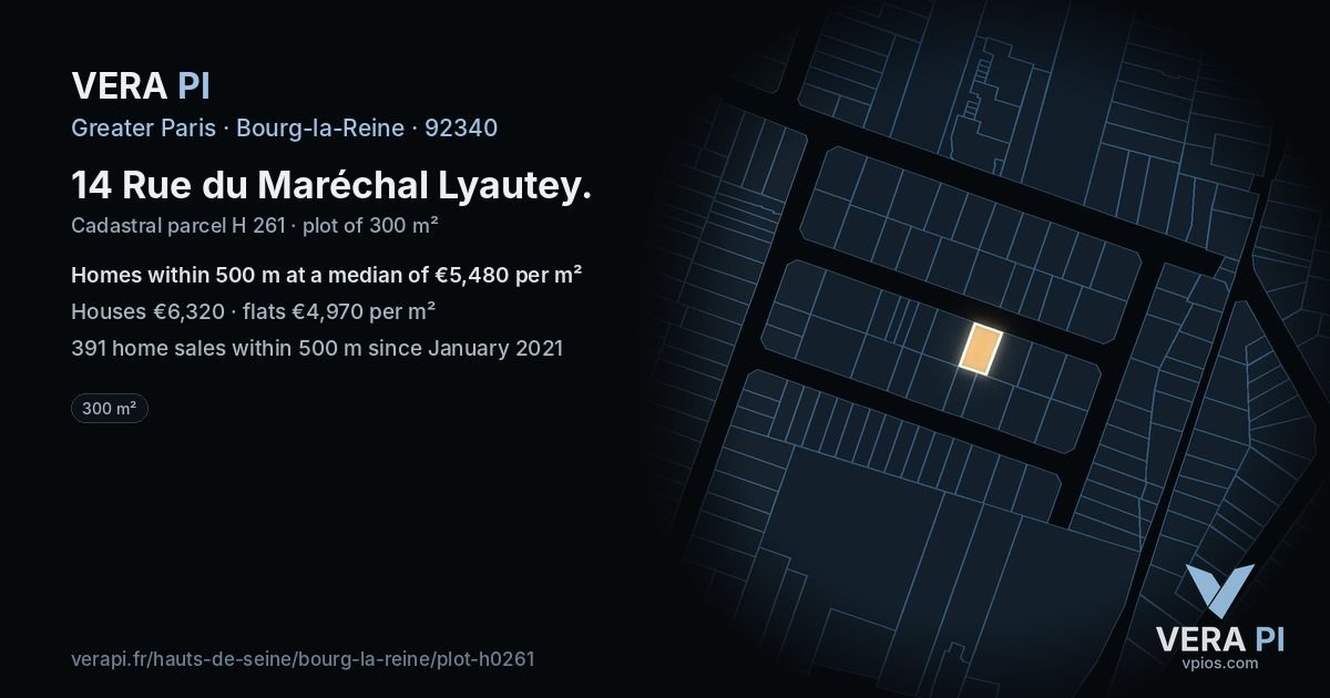 14 Rue du Maréchal Lyautey, Bourg-la-Reine at night – the plot lit, the parcels around coloured by the prices near them