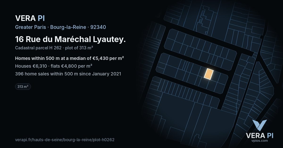 16 Rue du Maréchal Lyautey, Bourg-la-Reine at night – the plot lit, the parcels around coloured by the prices near them