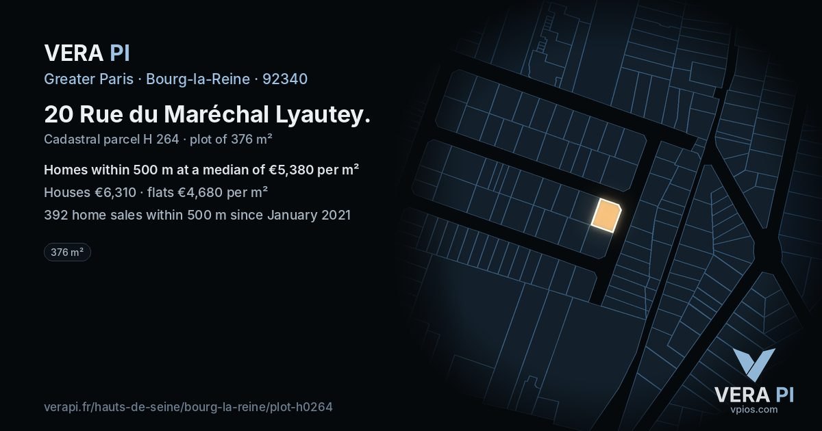 20 Rue du Maréchal Lyautey, Bourg-la-Reine at night – the plot lit, the parcels around coloured by the prices near them