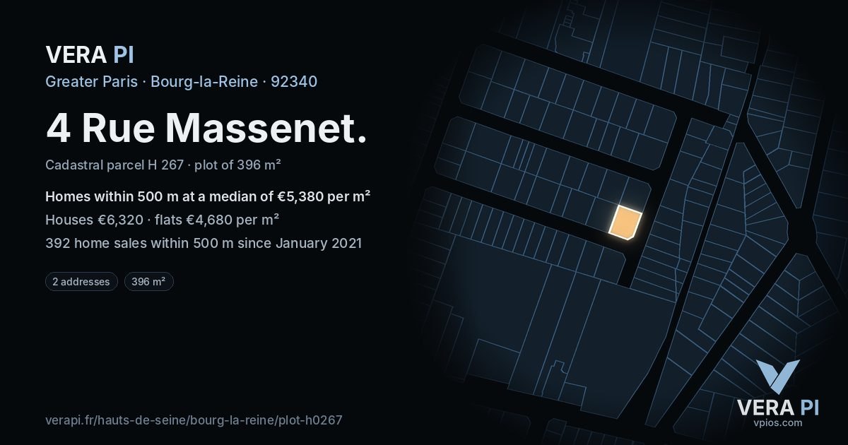 4 Rue Massenet, Bourg-la-Reine at night – the plot lit, the parcels around coloured by the prices near them