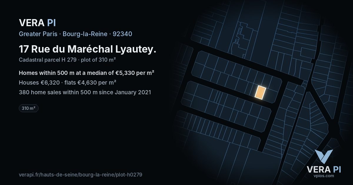 17 Rue du Maréchal Lyautey, Bourg-la-Reine at night – the plot lit, the parcels around coloured by the prices near them