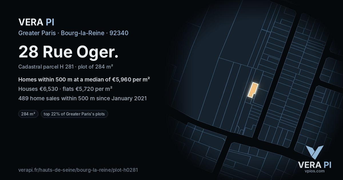 28 Rue Oger, Bourg-la-Reine at night – the plot lit, the parcels around coloured by the prices near them