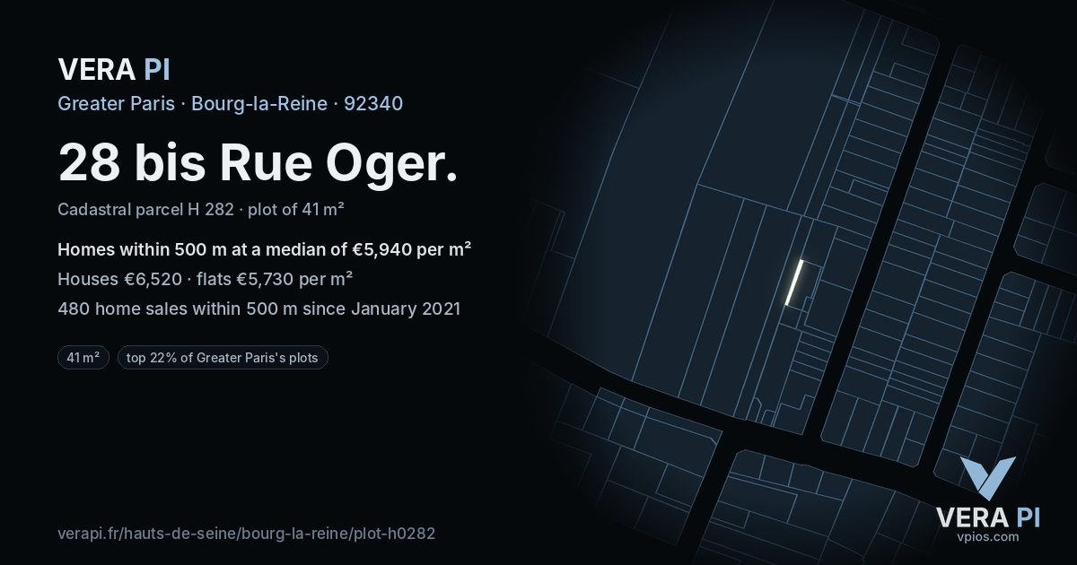 28 bis Rue Oger, Bourg-la-Reine at night – the plot lit, the parcels around coloured by the prices near them