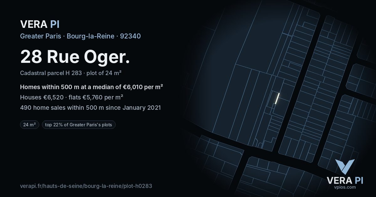 28 Rue Oger, Bourg-la-Reine at night – the plot lit, the parcels around coloured by the prices near them