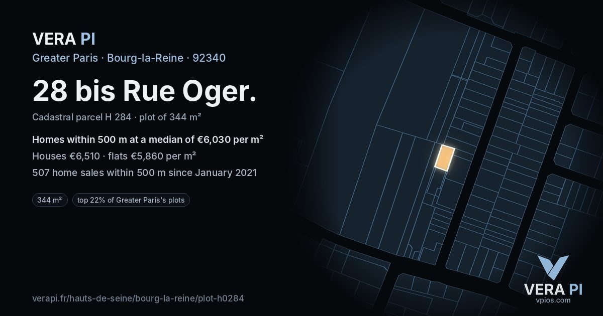 28 bis Rue Oger, Bourg-la-Reine at night – the plot lit, the parcels around coloured by the prices near them