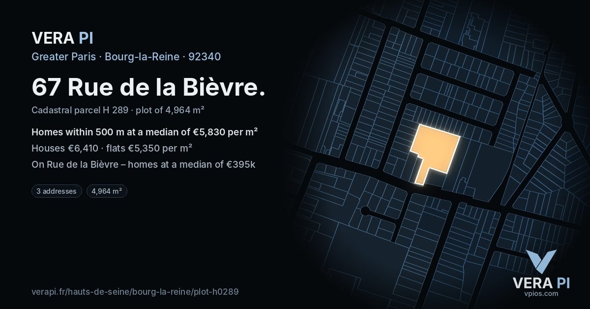 67 Rue de la Bièvre, Bourg-la-Reine at night – the plot lit, the parcels around coloured by the prices near them