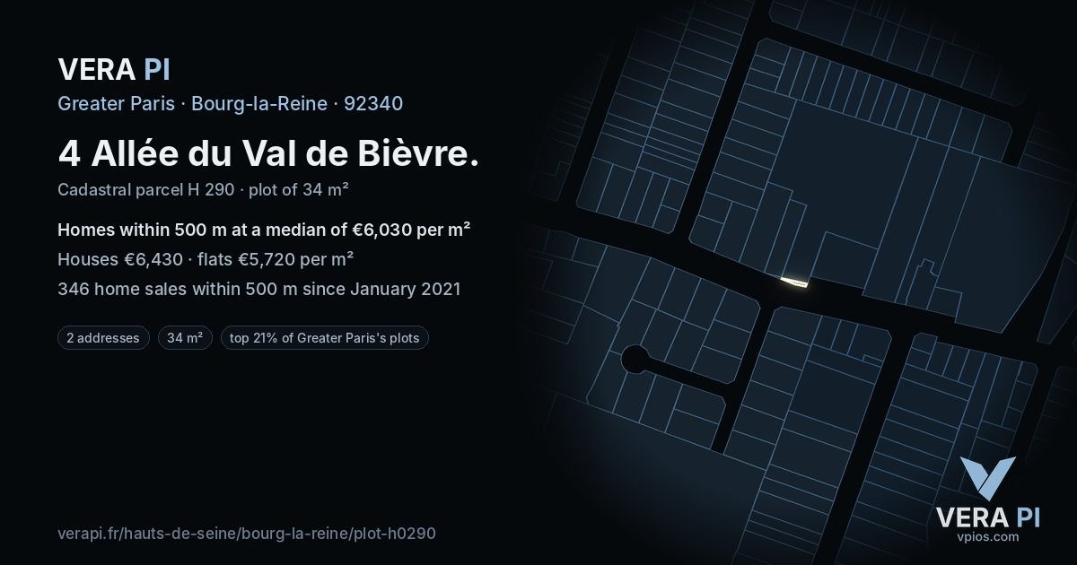 4 Allée du Val de Bièvre, Bourg-la-Reine at night – the plot lit, the parcels around coloured by the prices near them