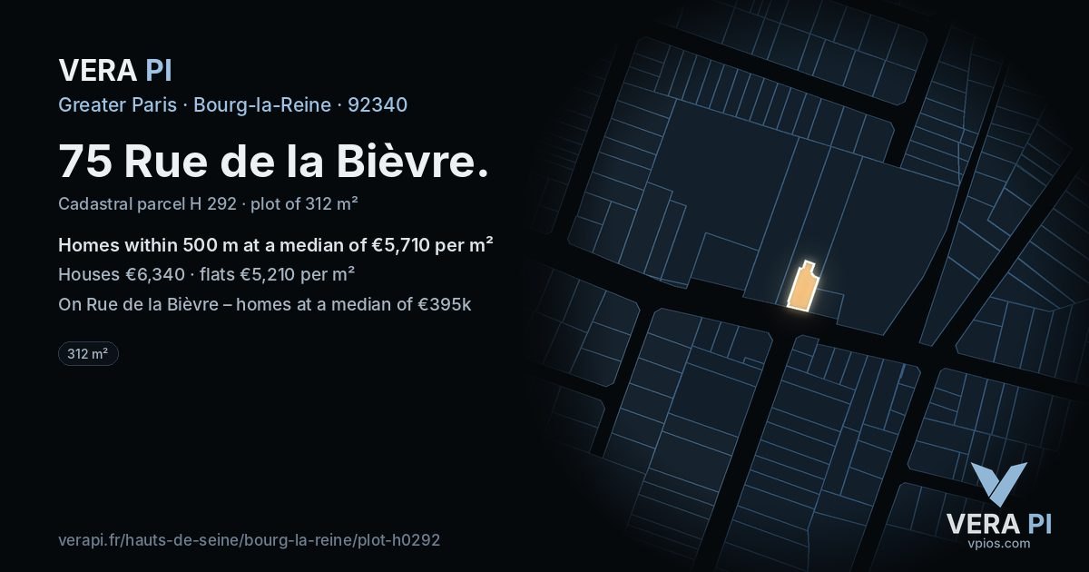 75 Rue de la Bièvre, Bourg-la-Reine at night – the plot lit, the parcels around coloured by the prices near them