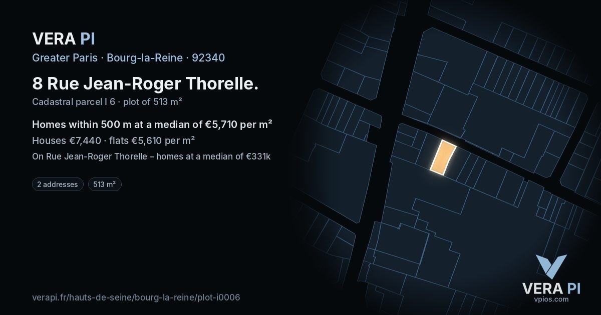 8 Rue Jean-Roger Thorelle, Bourg-la-Reine at night – the plot lit, the parcels around coloured by the prices near them