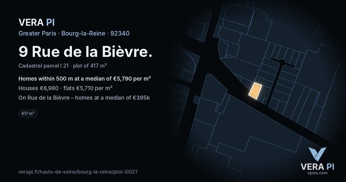 9 Rue de la Bièvre, Bourg-la-Reine at night – the plot lit, the parcels around coloured by the prices near them