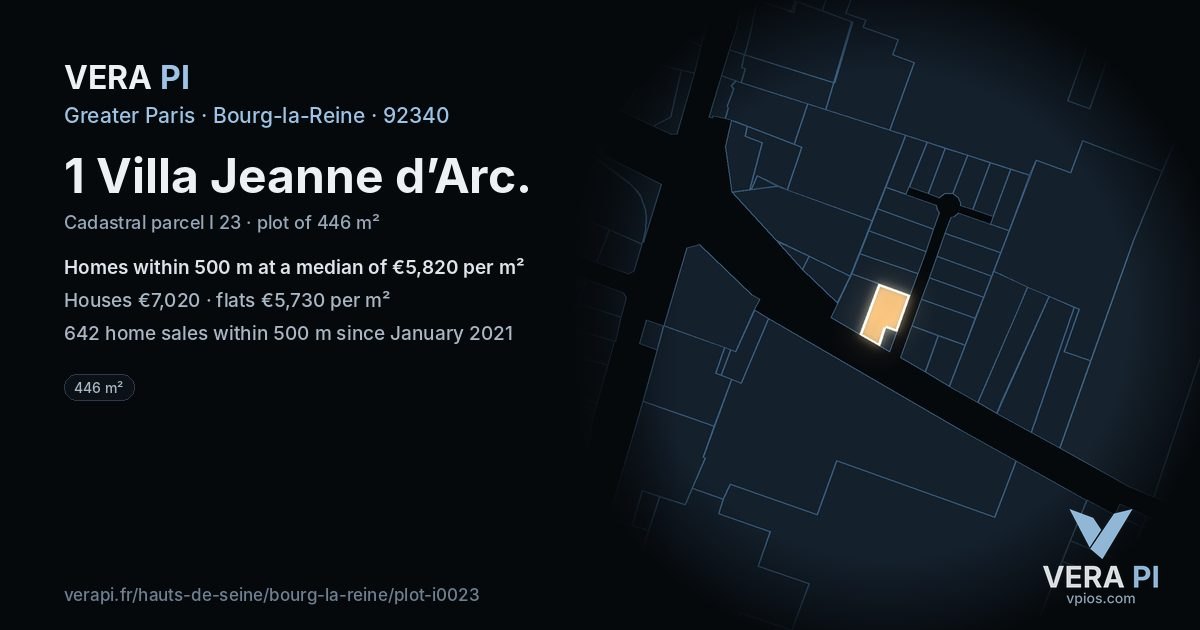 1 Villa Jeanne d’Arc, Bourg-la-Reine at night – the plot lit, the parcels around coloured by the prices near them
