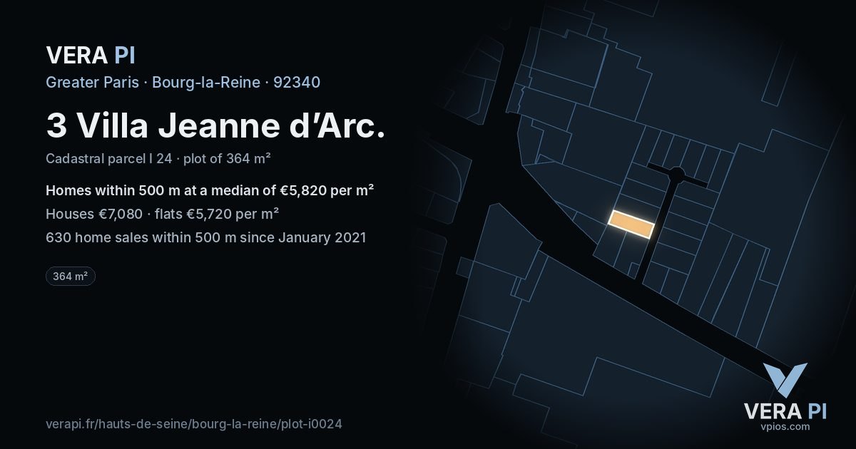 3 Villa Jeanne d’Arc, Bourg-la-Reine at night – the plot lit, the parcels around coloured by the prices near them