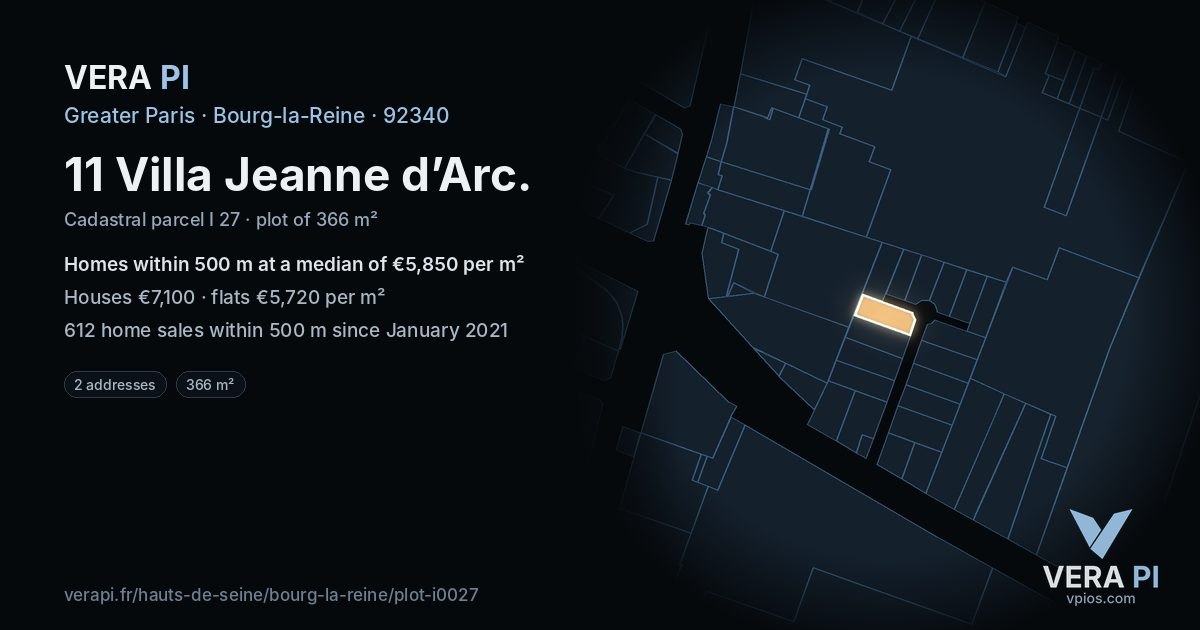11 Villa Jeanne d’Arc, Bourg-la-Reine at night – the plot lit, the parcels around coloured by the prices near them