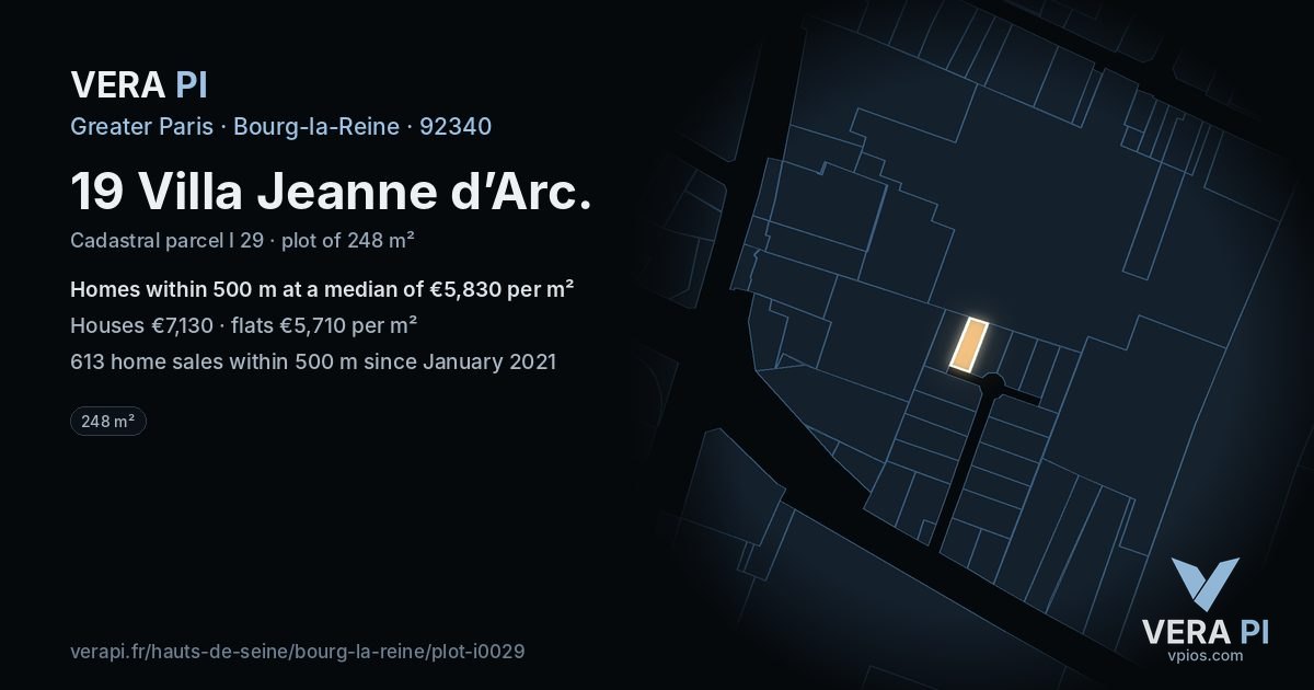 19 Villa Jeanne d’Arc, Bourg-la-Reine at night – the plot lit, the parcels around coloured by the prices near them