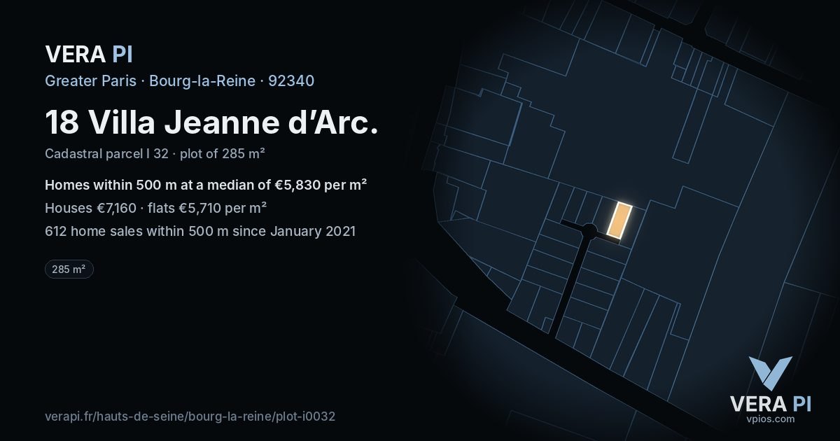 18 Villa Jeanne d’Arc, Bourg-la-Reine at night – the plot lit, the parcels around coloured by the prices near them