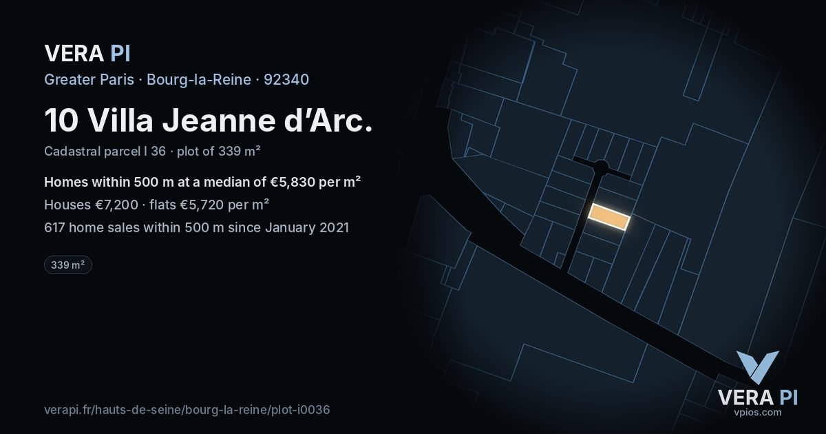 10 Villa Jeanne d’Arc, Bourg-la-Reine at night – the plot lit, the parcels around coloured by the prices near them
