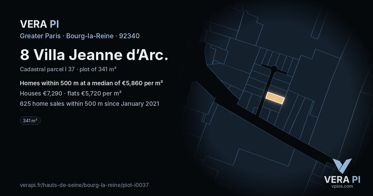 8 Villa Jeanne d’Arc, Bourg-la-Reine at night – the plot lit, the parcels around coloured by the prices near them