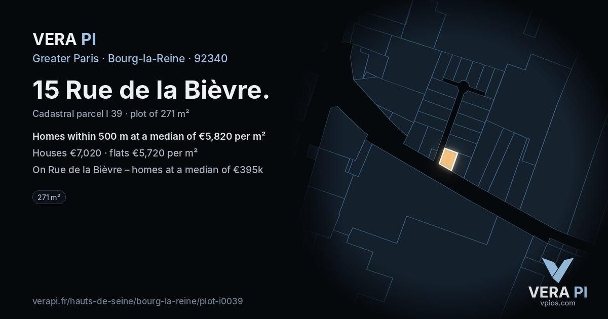 15 Rue de la Bièvre, Bourg-la-Reine at night – the plot lit, the parcels around coloured by the prices near them