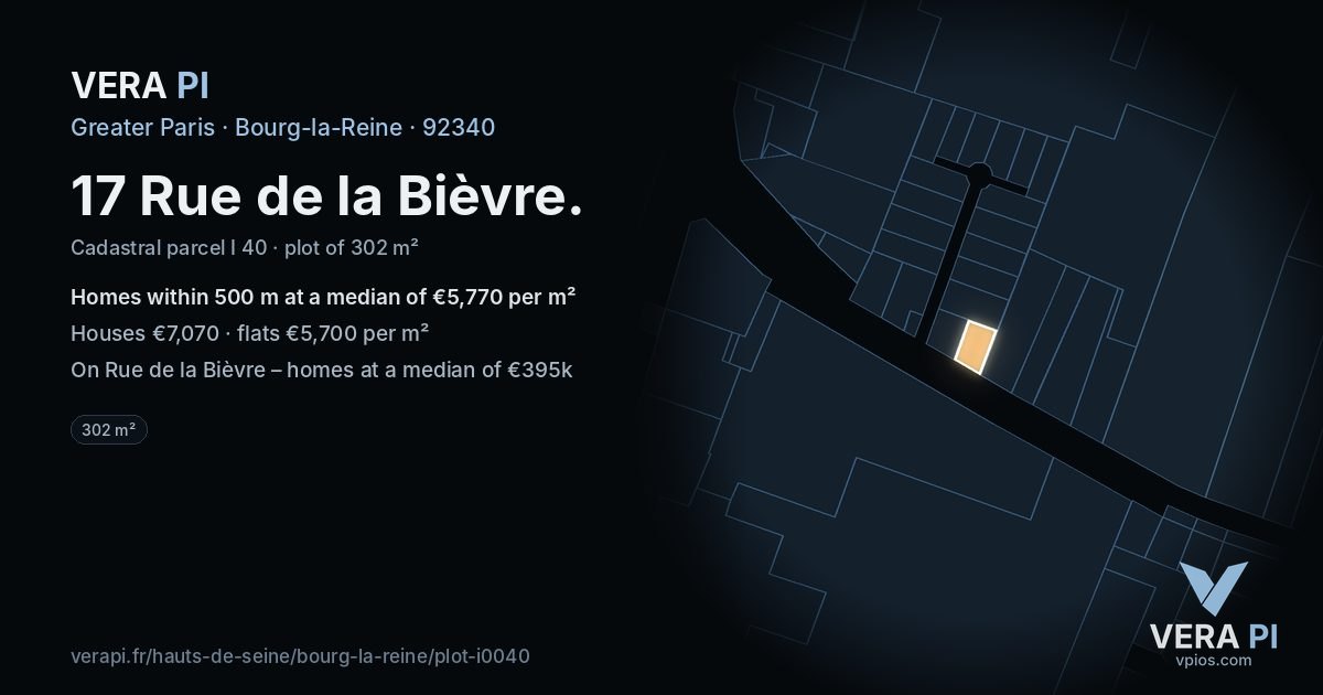 17 Rue de la Bièvre, Bourg-la-Reine at night – the plot lit, the parcels around coloured by the prices near them