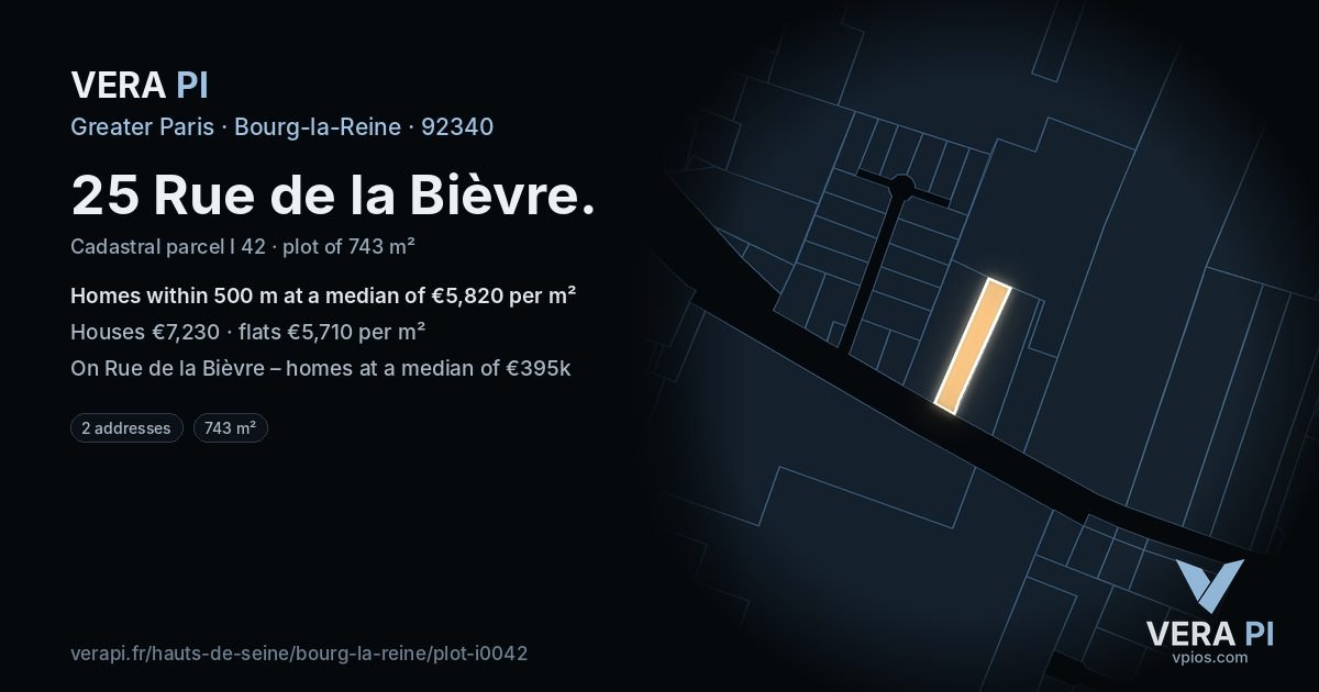 25 Rue de la Bièvre, Bourg-la-Reine at night – the plot lit, the parcels around coloured by the prices near them