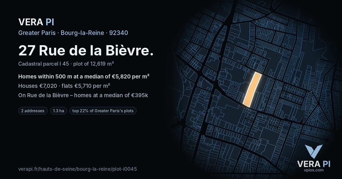 27 Rue de la Bièvre, Bourg-la-Reine at night – the plot lit, the parcels around coloured by the prices near them